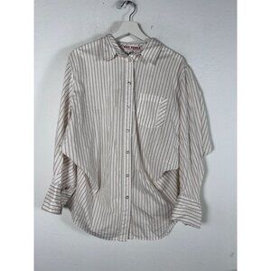 Free People Womens Ivory Brown Blair Striped Button-Up Oversized Shirt Small New